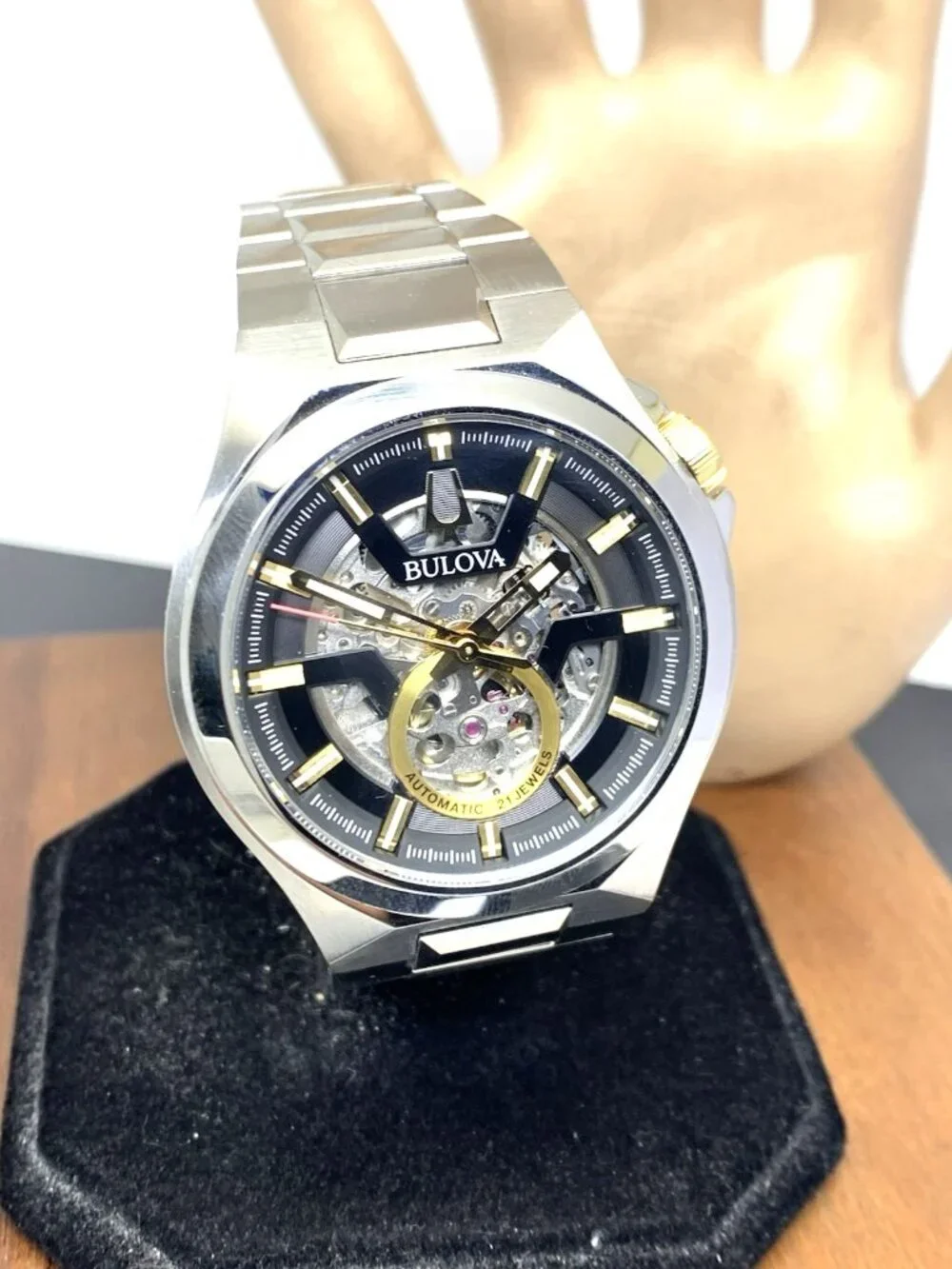 Bulova Maquina Mens Watch 98A224 Automatic Black Skeleton Dial Silver Steel 46mm